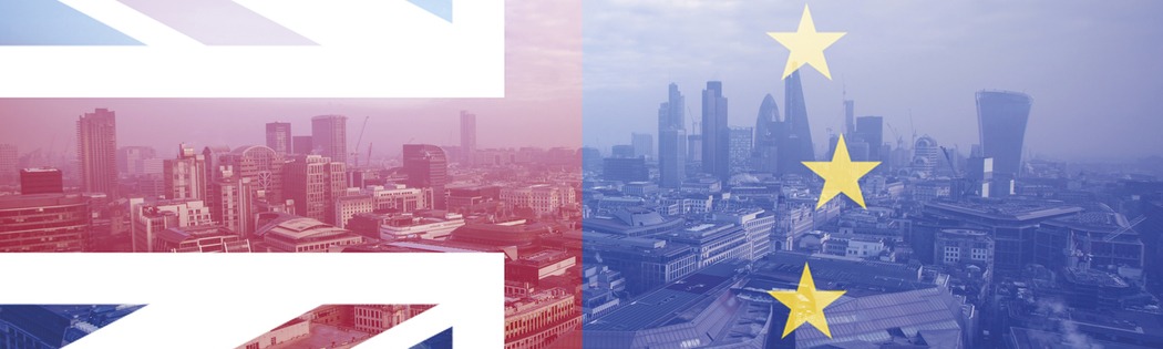 City mit britischer und EU-Fahne überblendet