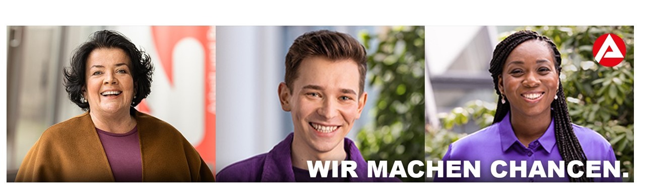 zwei Mitarbeiterinnen und ein Mitarbeiter der BA lächelnd mit dem Slogan "wir machen Chancen"; BA-Logo oben rechts