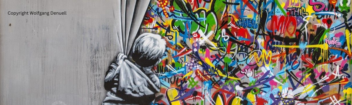 Auf einem Garagentor in Miami sieht man ein sehr buntes Graffiti, das von einem Jungen entdeckt und bestaunt wird.