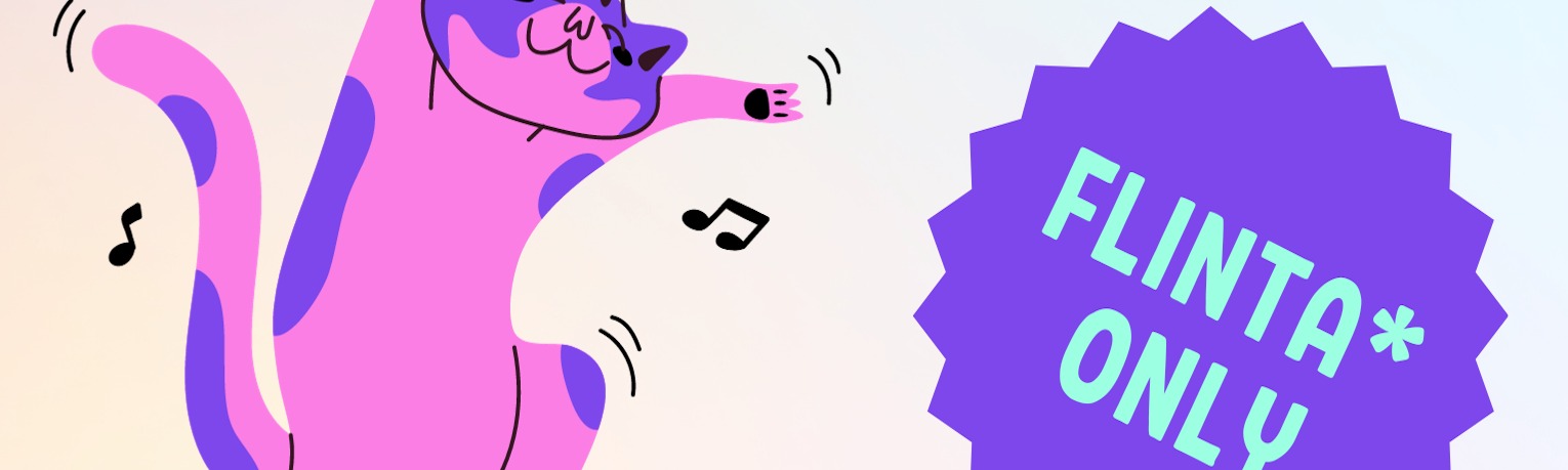 Eine rosafarbene Katze tanzt. Sie ist umgeben von Noten und einem Symbol mit dem Schriftzug "FLINTA* Only".