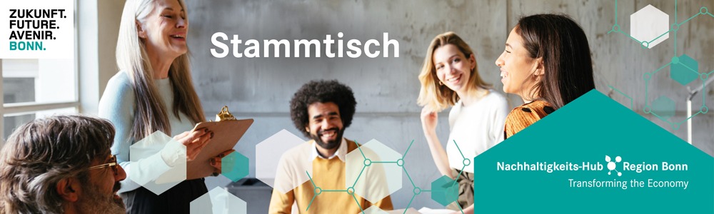 5 Personen im Gespräch im Arbeitskontext, fröhliche Stimmung, Titel: Stammtisch. Logo Nachhaltigkeits-Hub Region Bonn.