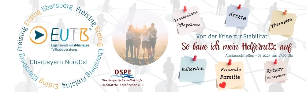 4 Menschen umarmen sich, Merkzettel mit Elementen eines Helfernetzes, Logos von EUTB Oberbayern NordOst und Ospe e.V