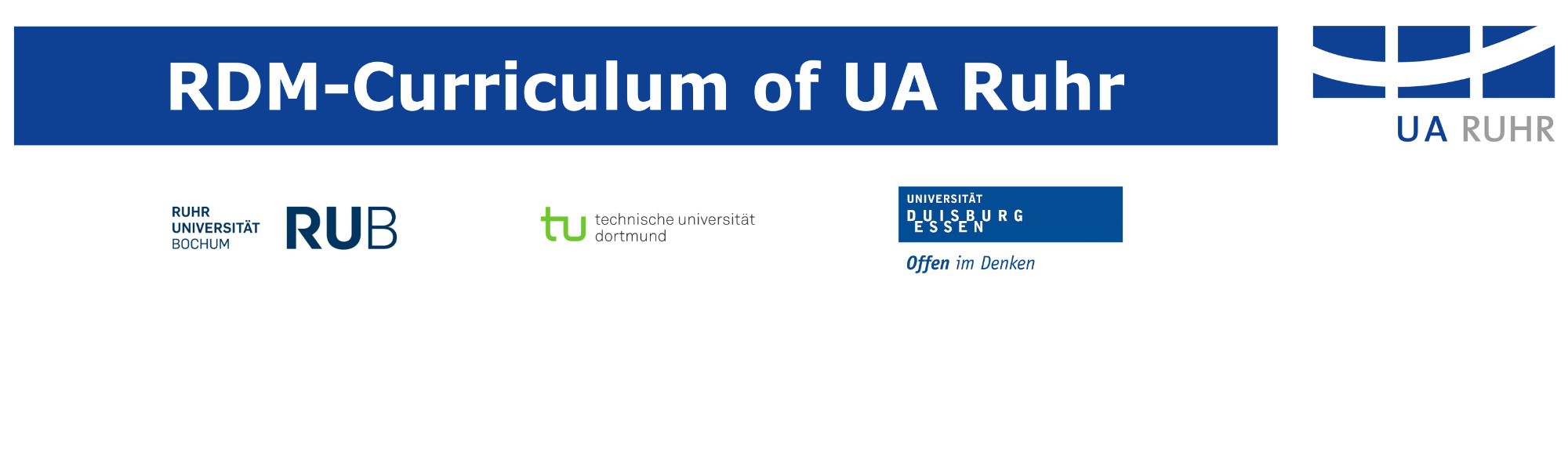 Text "FDM-Curriculums der UA Ruhr" mit den Logos der Ruhr-Universität Bochum, der TU Dortmund und der UDE.