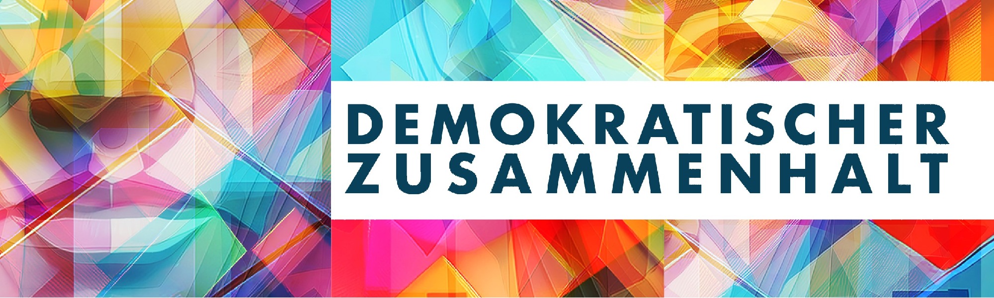 Bunte Mosaikmuster mit dem Titel der Konferenz "Demokratischer Zusammenhalt"