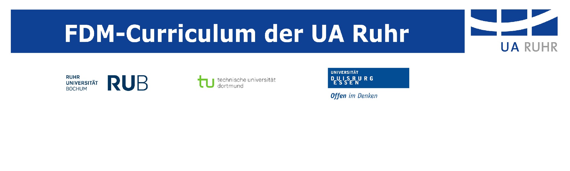 Text "FDM-Curriculum der UA Ruhr" mit den Logos der Ruhr-Universität Bochum, der TU Dortmund und der UDE.