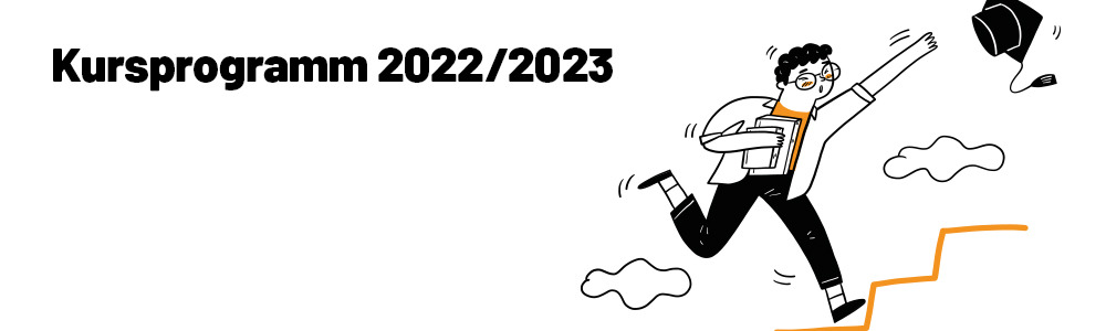 Titelbild des Kursprogramms der Fachstelle Medien 2022/2023 sichtbar: Person jagt einem Doktorhut nach